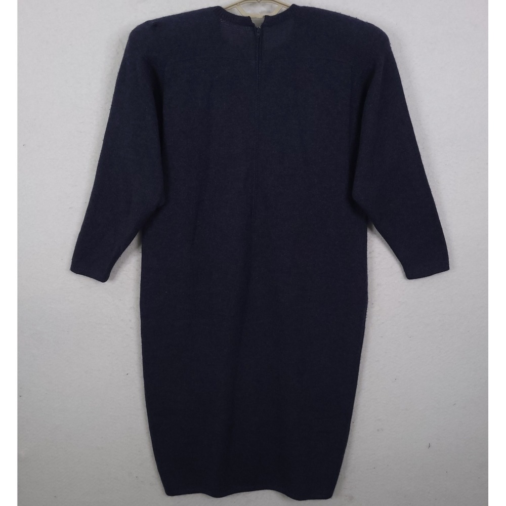St. John Knit Dress Womens 12 Navy Blue Vintage Marie Gray Sheath Long Sleeve